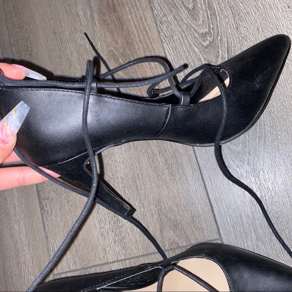Faux Leather Black Heels w/ Tie - Picture 7 of 12